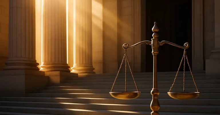 Imagen prompt: photorealistic image of a California courthouse steps with sunlight streaming through columns, legal scales sy