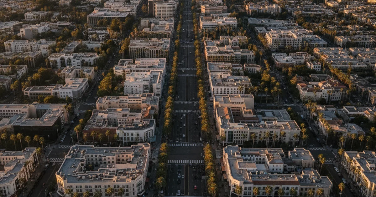 Photorealistic wide-angle aerial view of Beverly Hills city skyline at golden hour, showing palm-tree-lined boulevards, luxur
