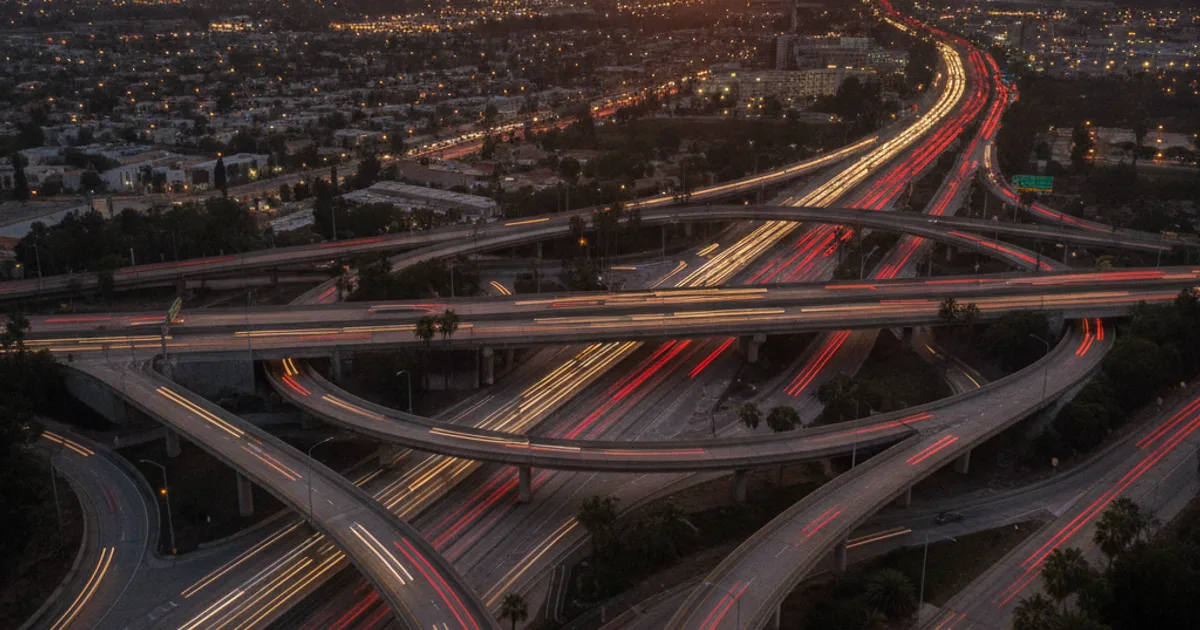 Photorealistic wide-angle view of a busy Southern California freeway interchange at dusk, with city lights emerging in the ba
