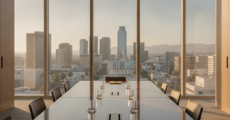 Photorealistic image of an empty modern office conference room with large windows overlooking a California cityscape, a neatl