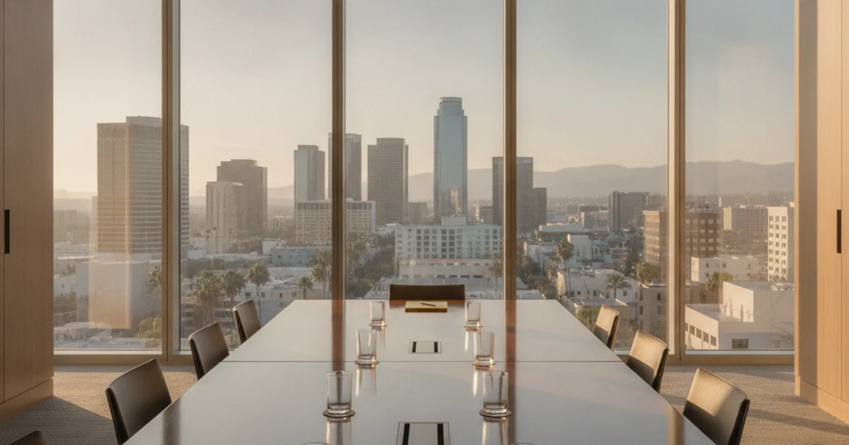 Photorealistic image of an empty modern office conference room with large windows overlooking a California cityscape, a neatl