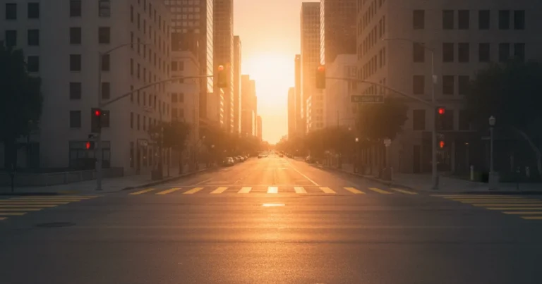 Photorealistic image of an empty urban Los Angeles crosswalk at a busy intersection during golden hour, with traffic signal l