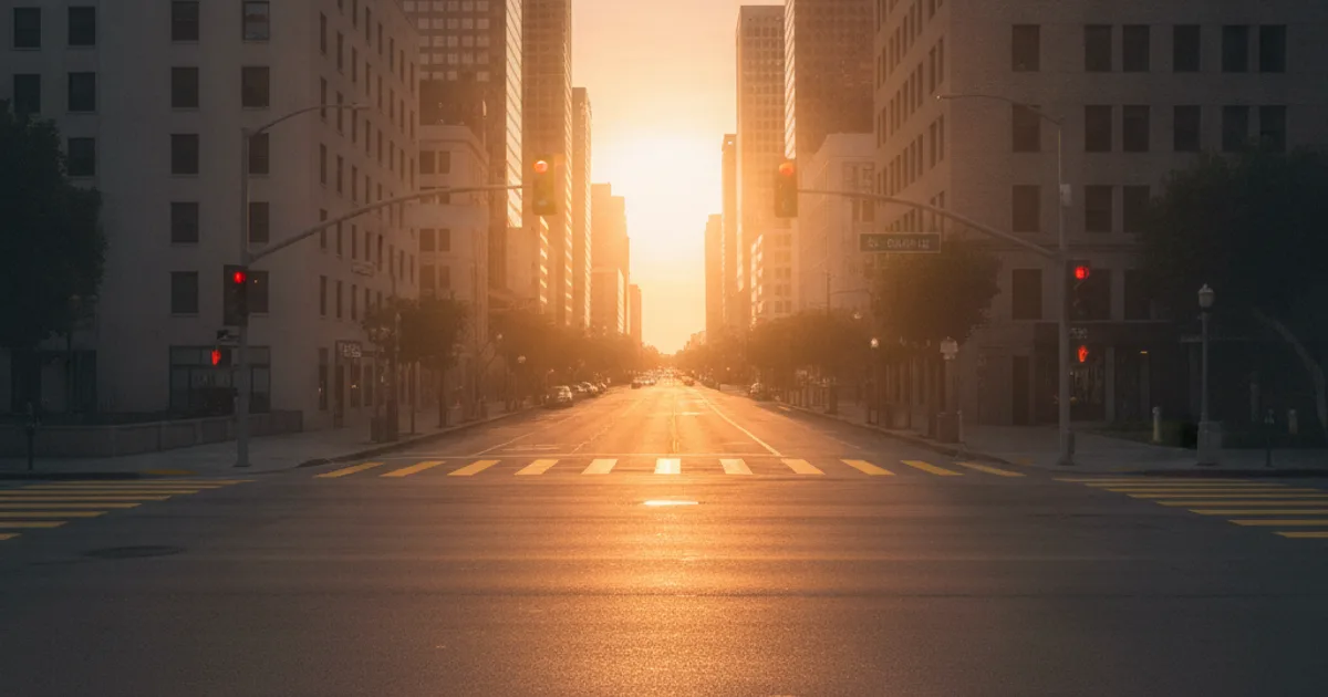 Photorealistic image of an empty urban Los Angeles crosswalk at a busy intersection during golden hour, with traffic signal l