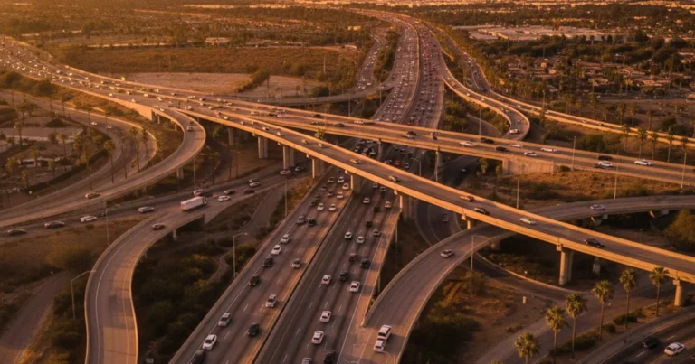 Photorealistic aerial view of a busy Southern California freeway interchange at golden hour, showing multiple lanes of traffi