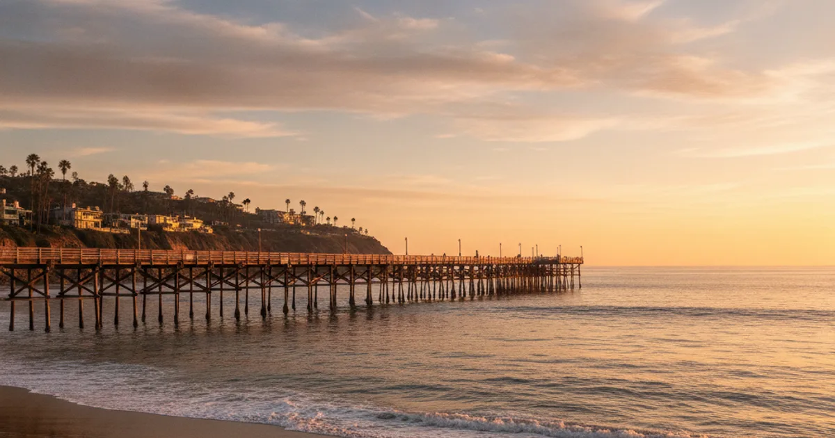 Photorealistic image of the San Clemente pier at golden hour, with calm ocean waves, no people visible, warm coastal Californ