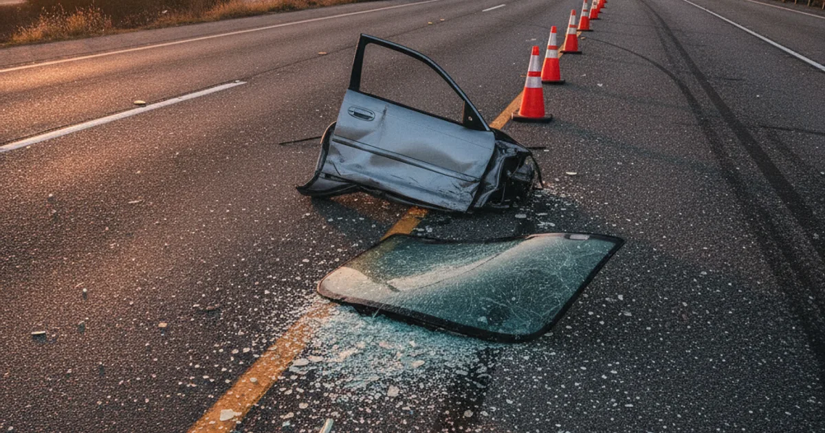 Photorealistic image of a crumpled car door and shattered windshield at a California highway accident scene at golden hour, w