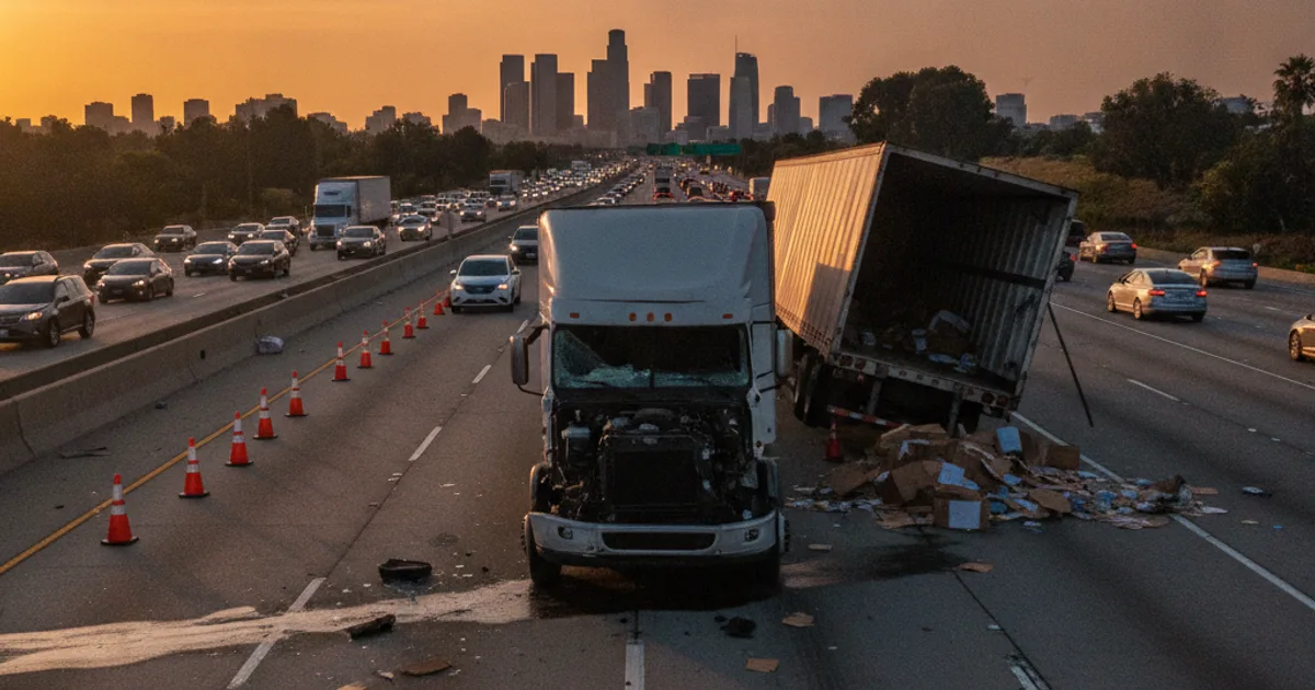 Photorealistic image of a heavily damaged commercial semi-truck on a Los Angeles freeway after a collision, with emergency co