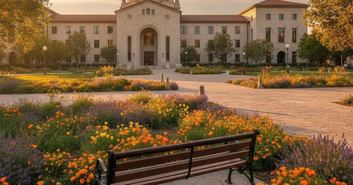 Photorealistic image: A quiet Orange County courthouse exterior at golden hour, with a single empty park bench in the foregro