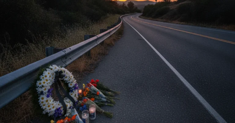Photorealistic image of an empty road at dusk in Southern California with flowers and a memorial wreath placed near a highway