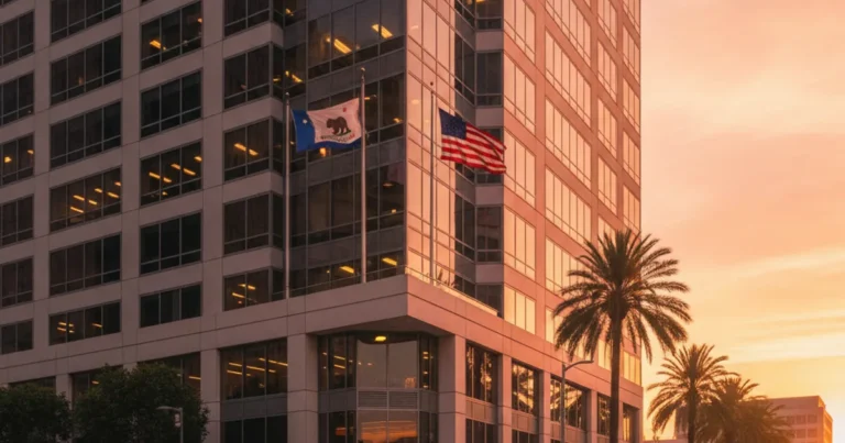 Photorealistic image of a professional office building exterior in downtown Los Angeles at golden hour, with California state