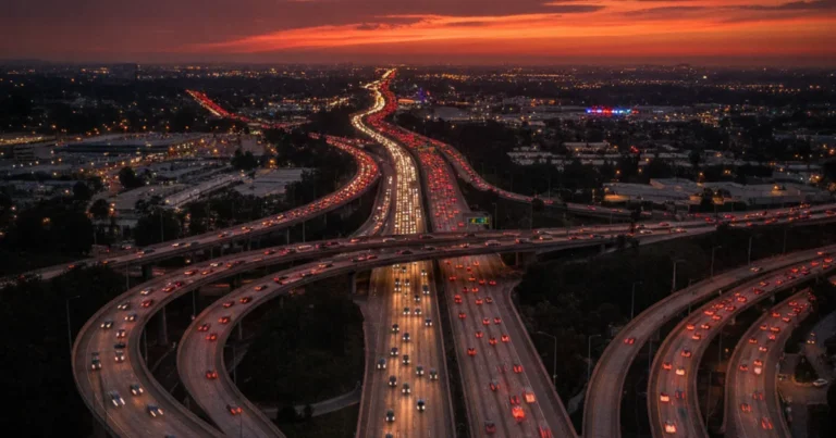 Photorealistic wide-angle view of a major Southern California freeway interchange at dusk with heavy traffic, emergency light