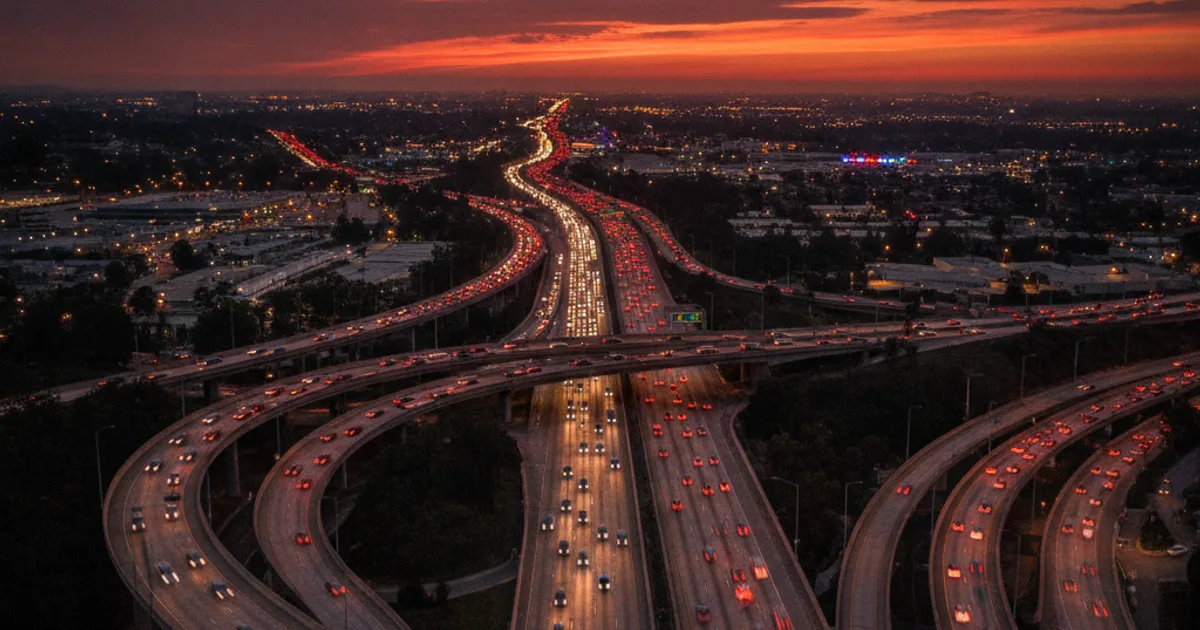 Photorealistic wide-angle view of a major Southern California freeway interchange at dusk with heavy traffic, emergency light