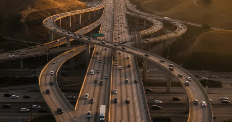 Photorealistic wide-angle image of a busy Los Angeles freeway interchange at golden hour with dramatic lighting, showing mult
