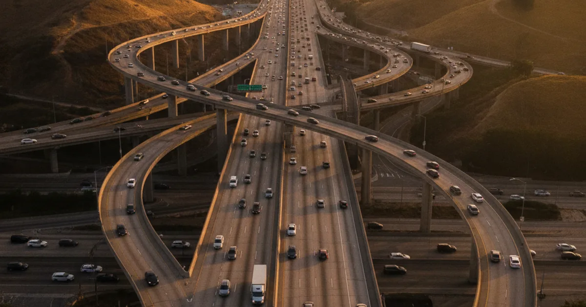 Photorealistic wide-angle image of a busy Los Angeles freeway interchange at golden hour with dramatic lighting, showing mult
