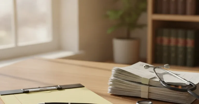 Photorealistic image of a legal notepad with a pen resting beside a stethoscope and a stack of medical bills on a clean woode