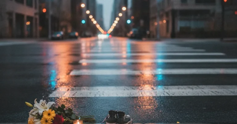 Photorealistic image of an empty urban crosswalk at dusk in a large city, wet pavement reflecting streetlights, a single pair