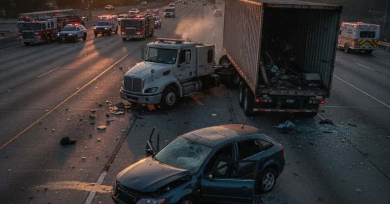 Photorealistic image of a heavily damaged passenger vehicle on a Los Angeles freeway after a collision with a large commercia