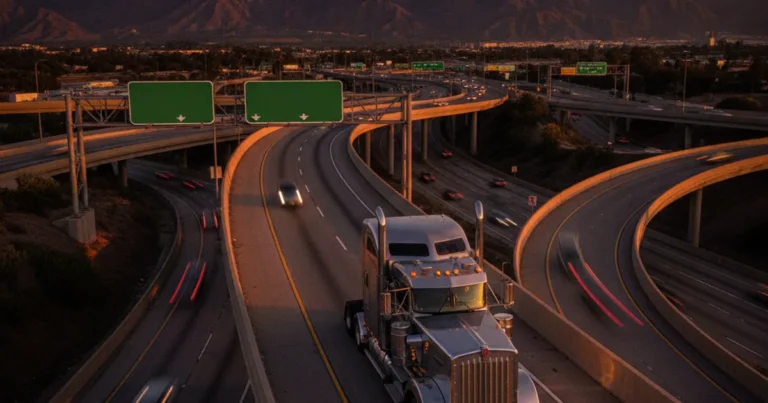 Photorealistic wide-angle image of a large semi-truck on a busy Southern California freeway interchange at dusk, with highway