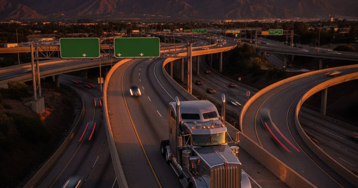 Photorealistic wide-angle image of a large semi-truck on a busy Southern California freeway interchange at dusk, with highway