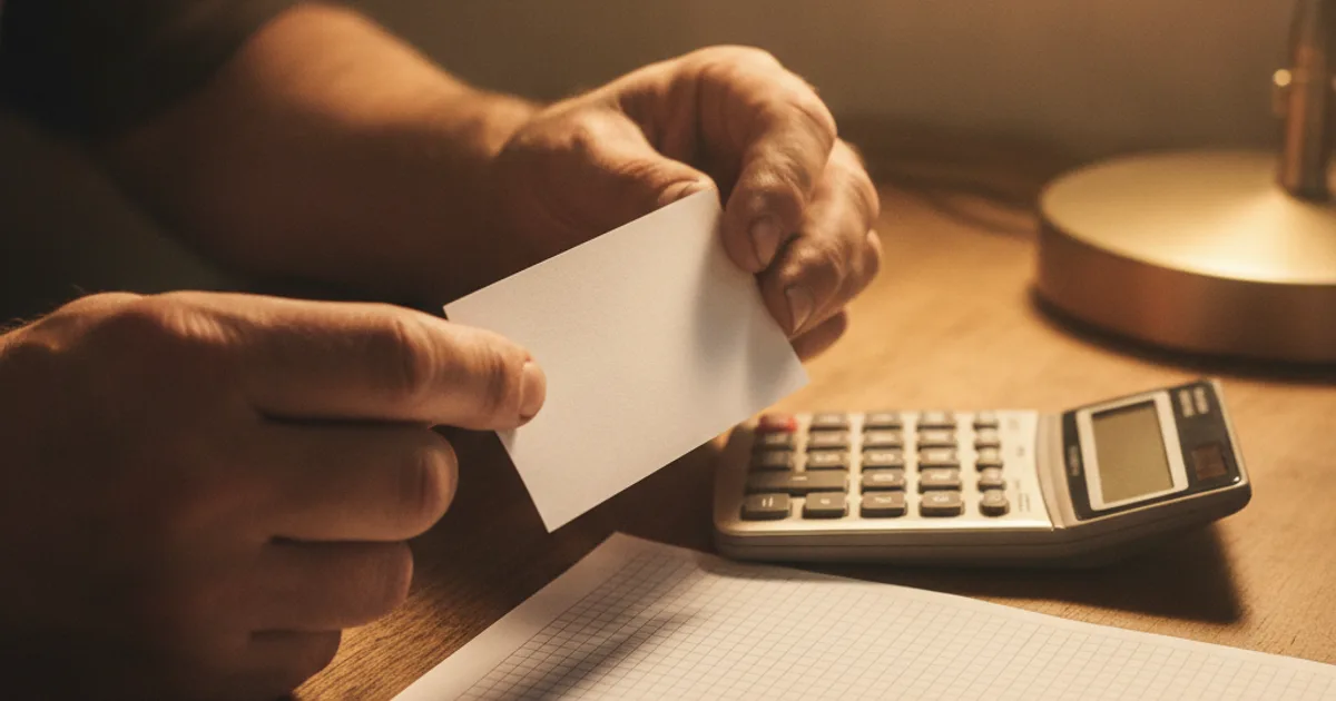 Photorealistic image of a California worker's hands holding a pay stub next to a calculator and a timesheet on a wooden desk,