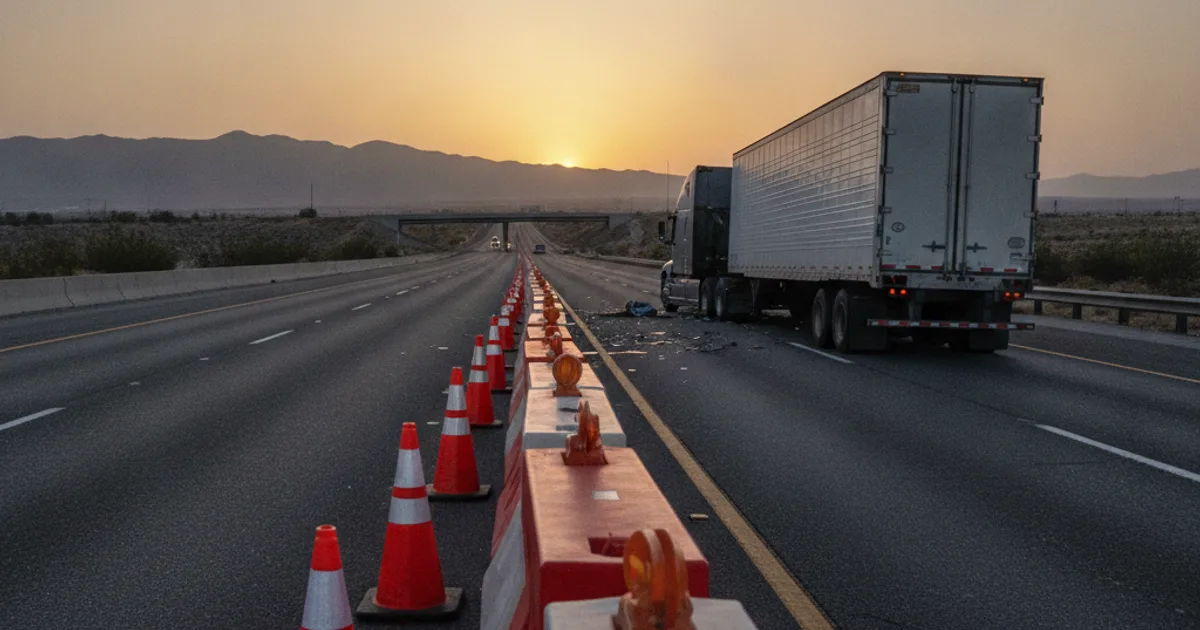 Photorealistic image of a large commercial semi-truck on a California highway at dawn with emergency cones and barriers in th